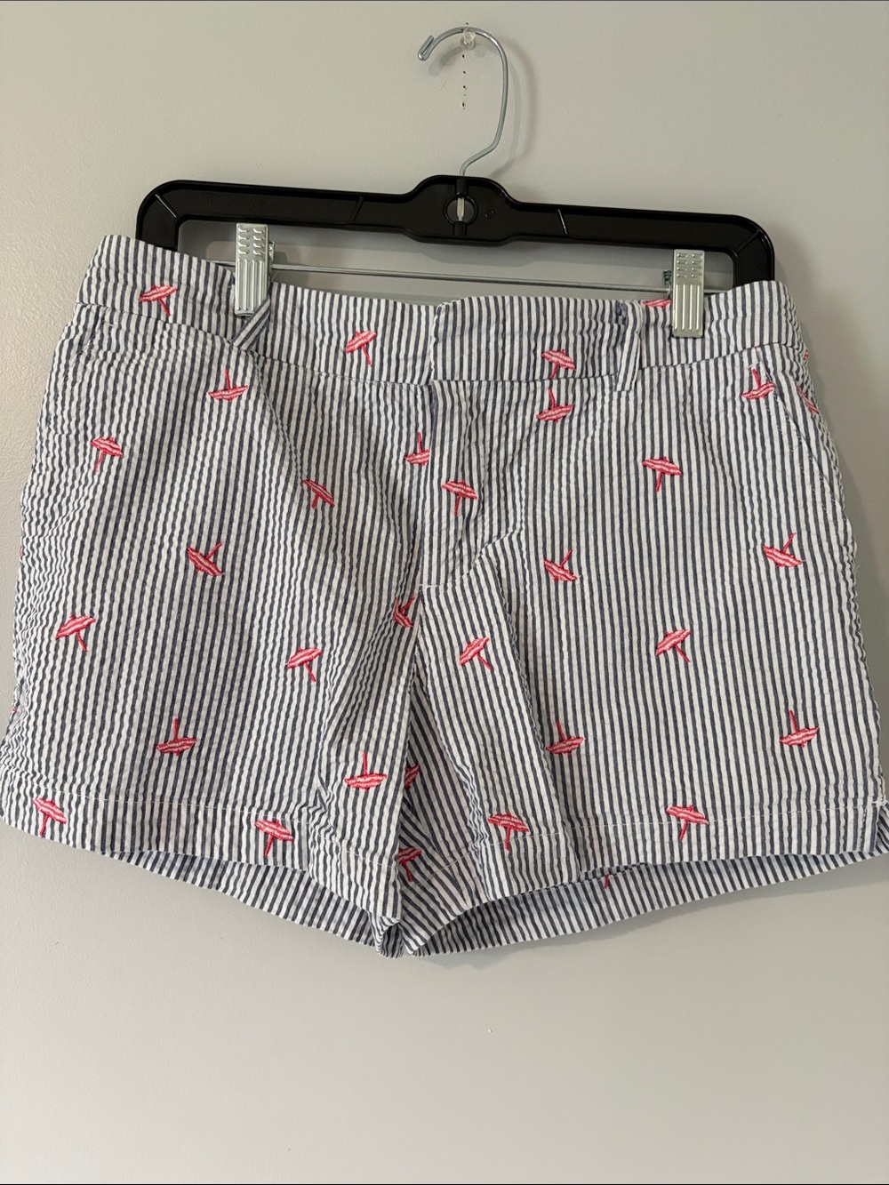 Cynthia Rowley Navy White Seersucker Shorts with Pink Embroidery